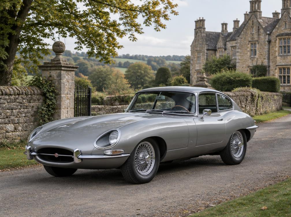 Silver 1961 Jaguar E-Type on a country estate lane