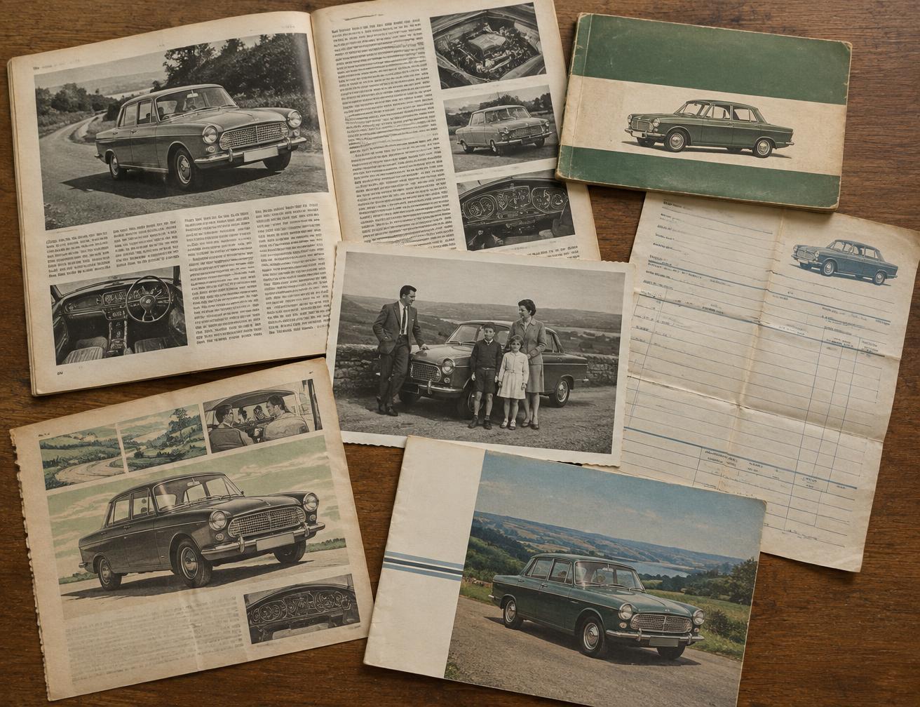 Overlapping road tests, brochures, photographs and motoring documents on a wooden desk
