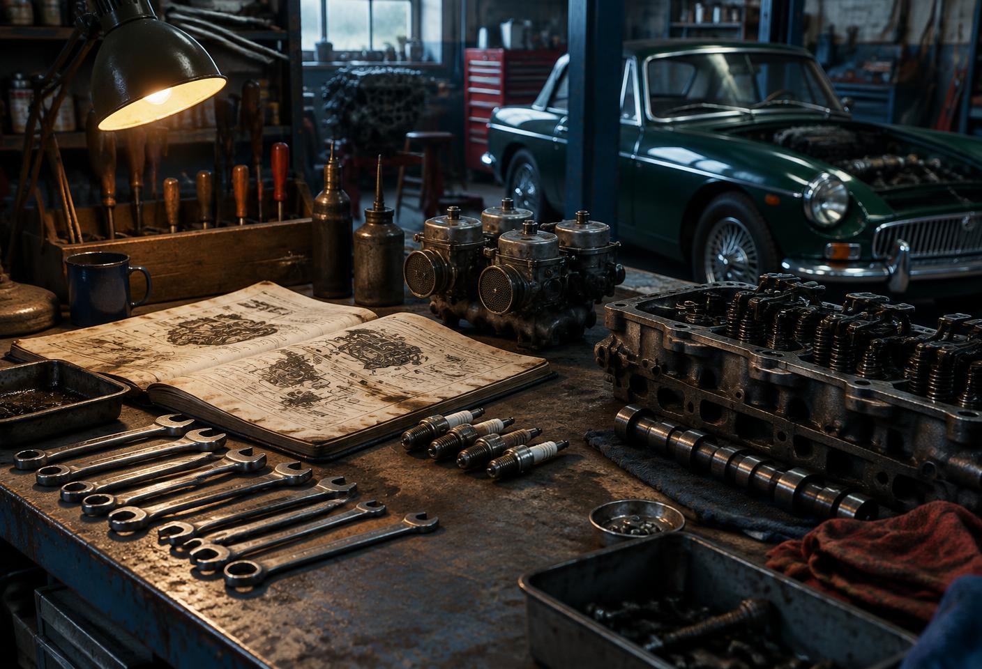 Tools and mechanical parts on a traditional restoration workbench