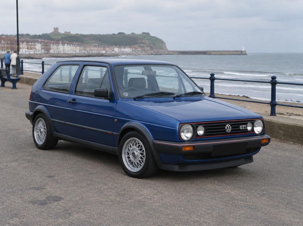 Blue Volkswagen Golf GTI by a British seaside promenade