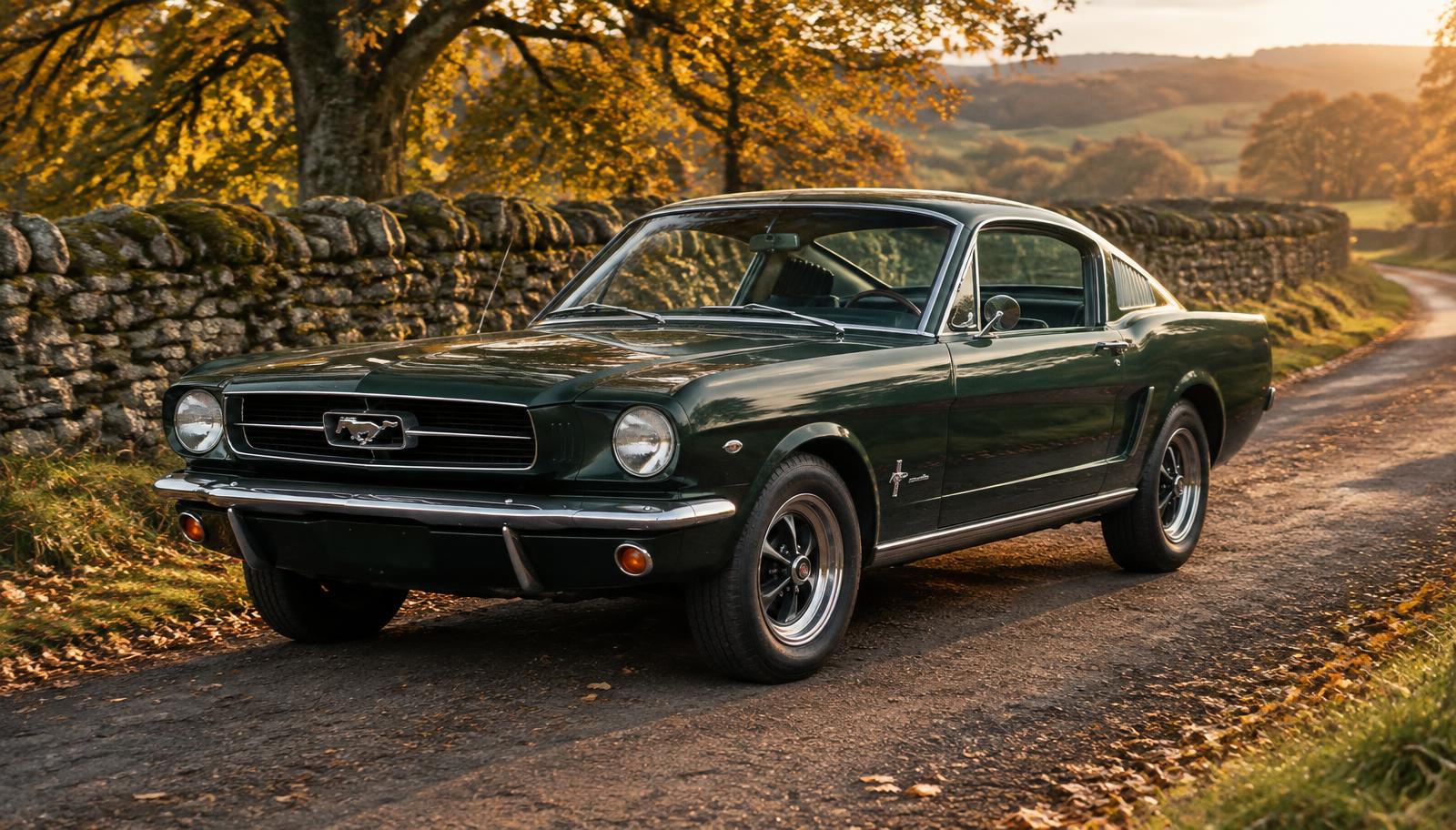 Dark green 1965 Ford Mustang on a British country lane