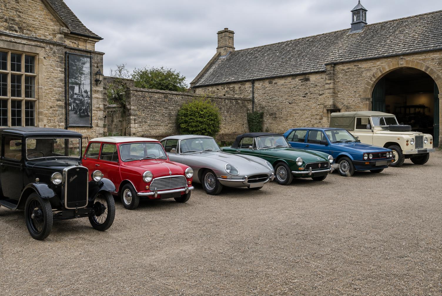 A varied collection of classic cars in a stone museum courtyard