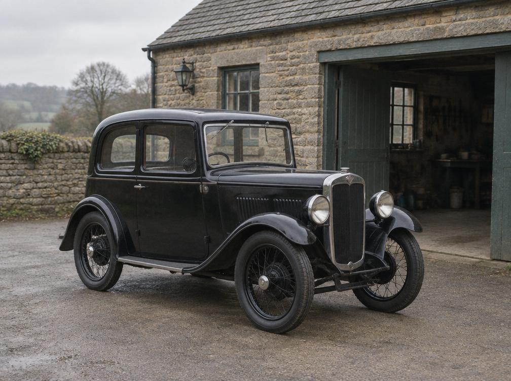 Black 1932 Austin Seven beside a stone garage