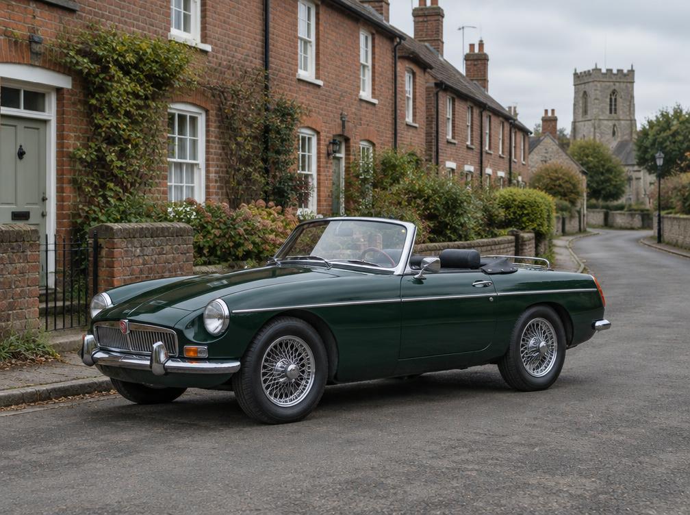 Dark green MGB roadster on a village street