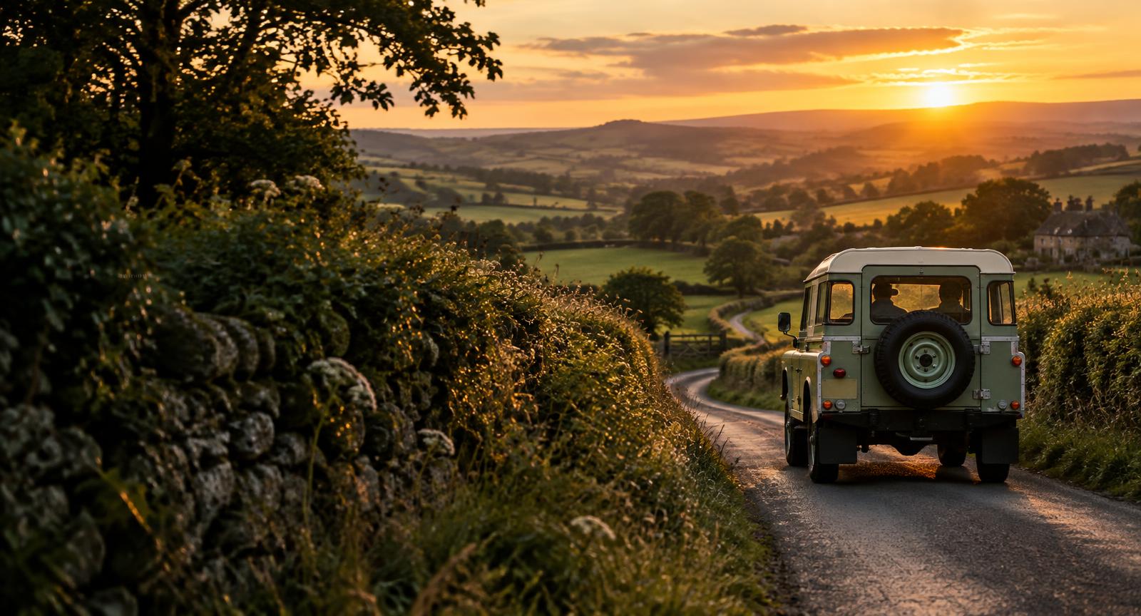 A classic Land Rover driving away on a British country lane at sunset